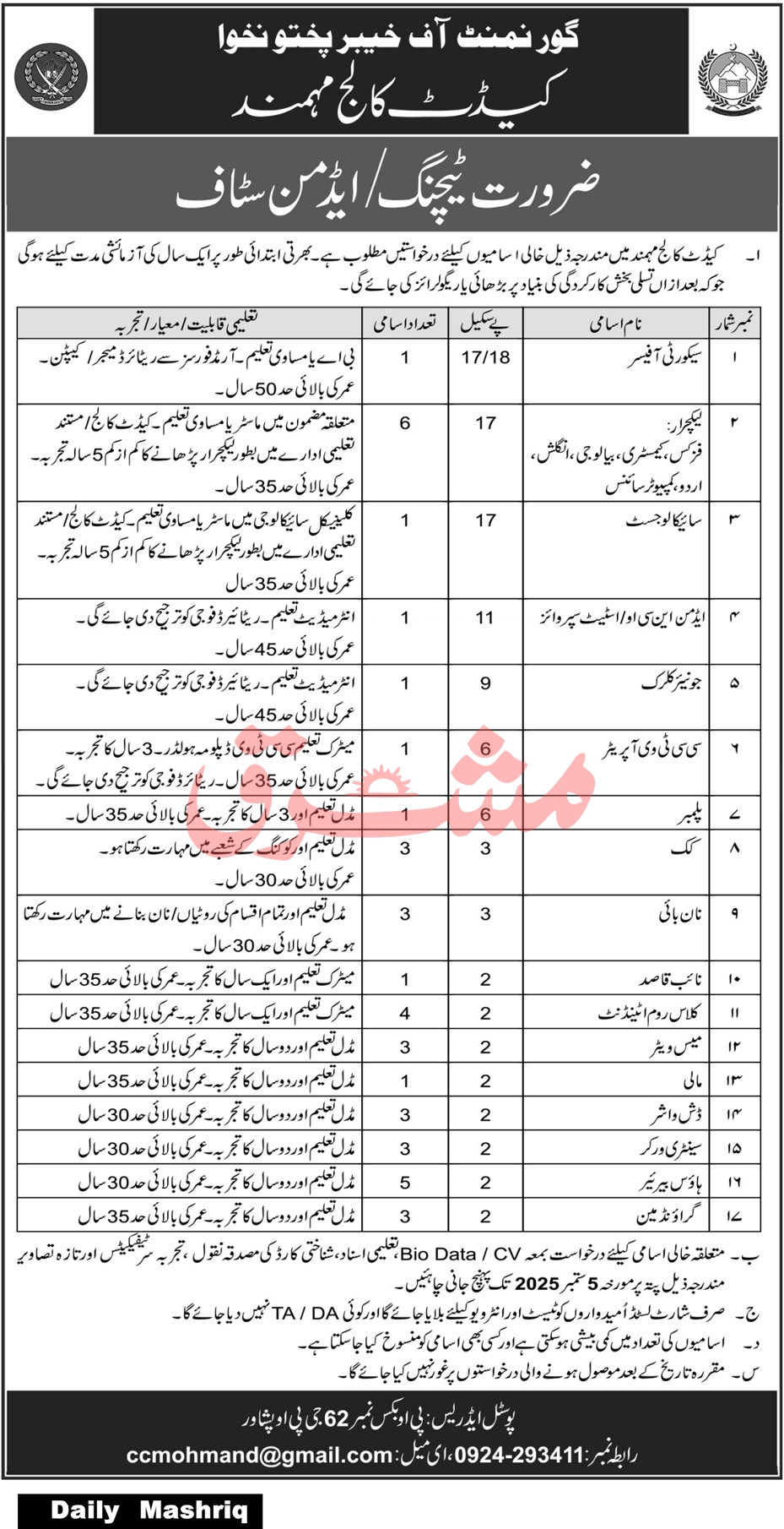 Jobs in Cadet College KPK